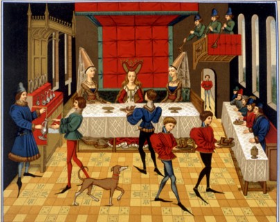 Superstitions - Touching food with hands. Lithograph of French 15th century manuscript "Roman de Renaud de Montauban"