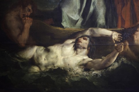 Damned depicted in the detail of the painting 'The Barque of Dante', also known as 'Dante and Virgil in Hell' by French Romantic painter Eugène Delacroix (1822) on display at his retrospective exhibit...