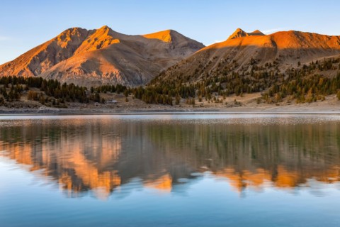 France - Provence - Haut Verdon - Mont Pelat is reflected in Lac Allos.
