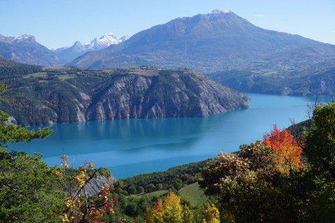 panoramic view of Serre Ponçon lake, France on a fall day