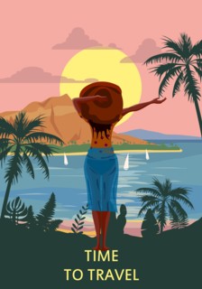 Woman on seaside resort in beachwear red hat enjoing rest. Vacation tropical palms exotic flora, sea, ocean. Vector illustration retro, vintage