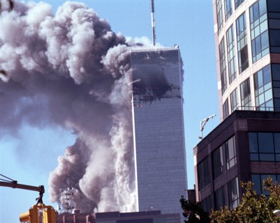 World Trade Center terrorism on September 11, 2001. Tower number two collapses