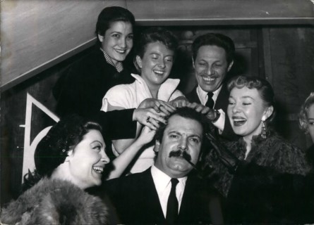 Mar. 03, 1954 - Have a Shampoo?: Georges Brassens, famous 'Realistic' singer being given ''Shampoo'' by three charming singers (from left to right) Arlette Sauvage, Leila Farida, Dick Micheyl, Jean Sa...