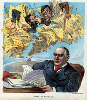 Honour to McKinley!' Joseph Pulitzer and a monkey, possibly meant to represent William R. Hearst, as editors of yellow journalism newspapers wrapped up in their papers with outrageous headlines, calli...