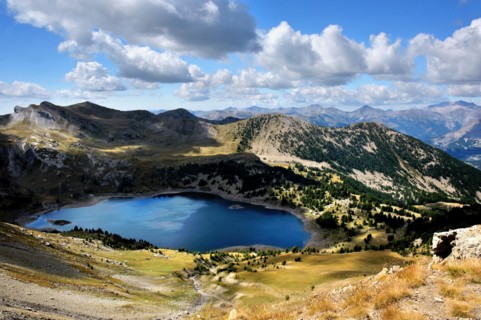 Panorama view with mountain lake Allos, French Alps, France