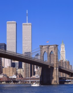 New York Trade Centre (destroyed 2001) and Brooklyn Bridge, Manhattan, New York, New York State, United States of America