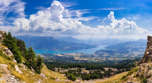 Elevated view of Serre-Poncon lake in summer from the Chabriere Needle. Alps, France