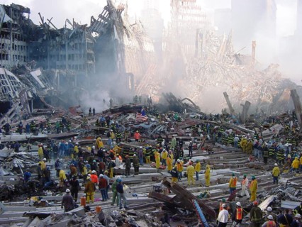 NEW YORK – A view of the pile at ground zero during recovery operations after the 9/11 terror attacks.  Following the attack, New York Governor George Pataki mobilized the entire New York National Gua...