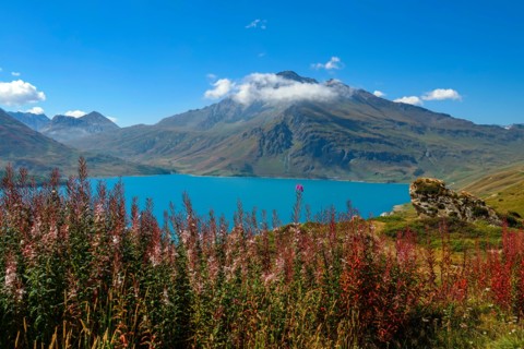 Col de Mont Cenis mountain pass between France and Italy with large lake, reservoir,