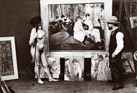 Toulouse-Lautrec and naked model in his studio standing in front of his 1893 painting Au Salon de la rue des Moulins. Henri Marie Raymond Toulouse-Lautrec, aka Henri de Toulouse-Lautrec, 1864-1901. Fr...