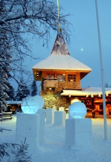 Finland, Lapland, Rovaniemi, 'Santa of Claus Village', building, snow sculptures, illuminateds, dusk Scandinavia, Finnish Lapland, close polar circle, town, 'Santa of Claus Office', house, light, scul...