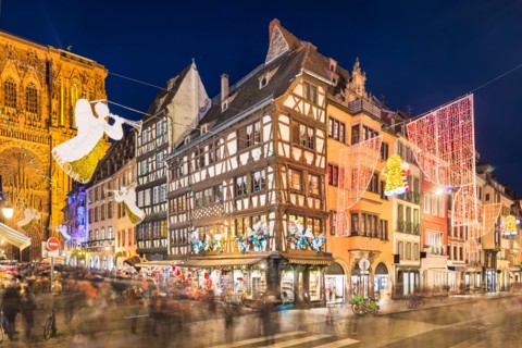 Christmas market in Strasbourg, France at night