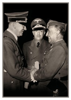 Adolf Hitler and Eberhard von Stohrer greeting General Franco at Hendaye, moments after arriving from his train at around 15:15. 23rd October 1940 Francisco Franco (1892 - 1975) Spanish general and di...