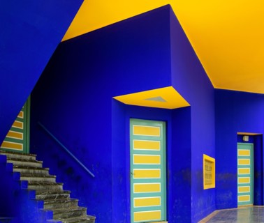 Villa with the famous cobalt blue colour at the centre of the Majorelle Garden.It was built 1923,later rediscovered by Yves Saint Laurent.Morocco.