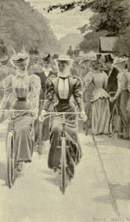 The latest Style of female cyclists from the book Cycling by The right Hon. Earl of Albemarle, William Coutts Keppel, (1832-1894) and George Lacy Hillier (1856-1941); Joseph Pennell (1857-1926) Publis...