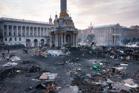 KIEV, UKRAINE - February 20, 2014: Mass anti-government protests in the center of Kiev. Independent square in Kiev, Ukraine after two days of violent clashes between riot police and Euromaidan protest...