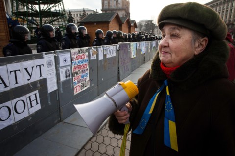 KIEV, UKRAINE - NOVEMBER 30, 2013: Mass protest against the refusal of the Government of Ukraine on European Integration. November 30, 2013, Kiev