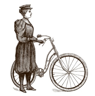 Woman from the 19th century wearing vintage sport clothing, standing beside her bicycle