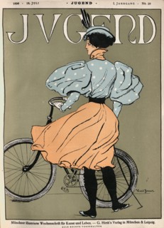 Cover of Jugend art magazine, Young woman cyclist with bicycle Victorian Art Nouveau Jugendstil