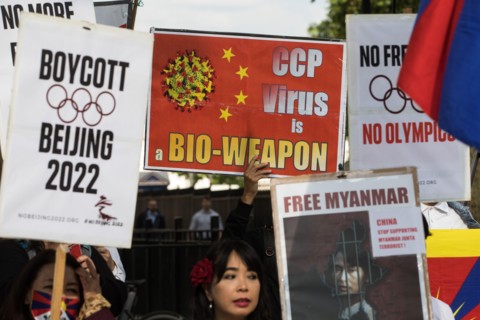 London, UK. 23rd June, 2021. Free Tibet campaigners and members of the Hong Kong, Tibetan and Uyghur communities hold a rally opposite Downing Street as part of a global day of action in protest again...