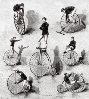 Dan Cabary Velocipedic Exercises. Old 19th century engraved illustration from La Nature 1888