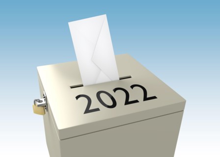 3d illustration of 2022 title on ballot box, isolated over blue gradient.