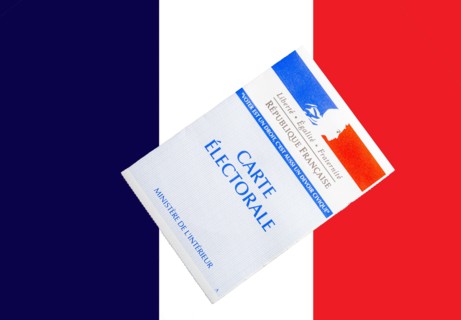 french voting card or carte electorale on top of French flag .