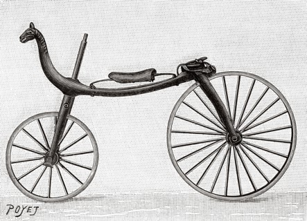 Velocipede. Balance bike made in 1820 in Onzain, Loir-et-Cher. Old 19th century engraved illustration from La Nature 1897
