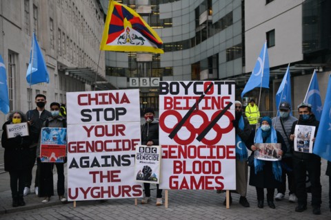 London, UK. 04th Jan, 2022. Activists hold placards expressing their opinion during the No Beijing 2022 protest.Supporters of Tibet, Hongkong, Uyghurs and Anti-CCP activists gathered opposite BBC Broa...