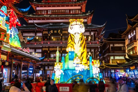 Year of the Tiger decorations for Chinese New Year in the touristy ‘Shanghai old town’ with traditional style buildings in Shanghai, China.