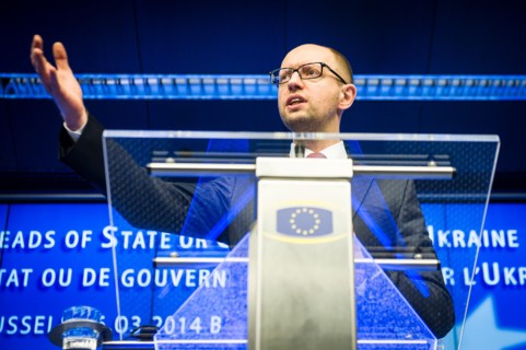 March 6, 2014 - Brussels, Belgium - Ukraine's new Prime Minister ARSENIY YATSENUK holds a press conference after attending a EU-Ukraine head of states summit at the EU council headquarters. MPs in Cri...