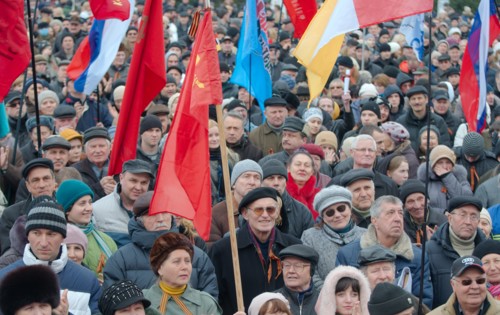 Odessa, Ukraine. 9th March, 2014. People's Assembly "Kulikovo Field". This demonstration in Kulikovo Field, Odessa, Ukraine (South Ukraine), against the new government in Kiev, against the National-fa...