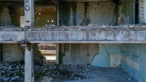 Rubbles on the floor from the ruined building that was damaged during the war in ukraine