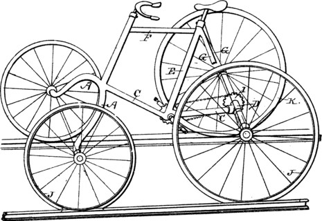 Four Wheeled Railroad Velocipede is a human powered vehicle with four wheels, vintage line drawing or engraving illustration.