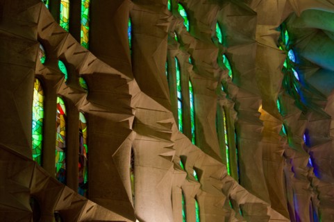 The stained glass windows inside of La Sagrada Familia in Barcelona, Spain