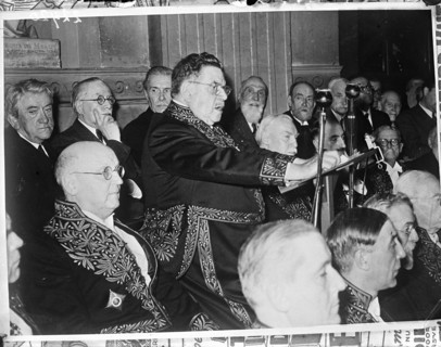 Édouard Herriot during the public reception following his election as a member of the Académie française. Date: June 28, 1947 Location: France, Paris Keywords: societies, ministers, politicians Person...