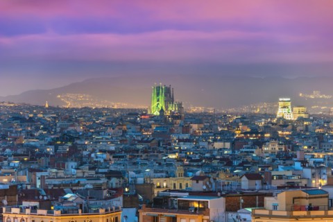 Barcelona Spain, aerial view night city skyline at city center