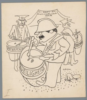 Antioorlogsdag 1924 21 Sept. 24 Anti-War Day (title object) MacDonald, Herriot and Theunis, the prime ministers of Britain, France and Belgium, beating on drums in an army camp in 1924. september 12 D...