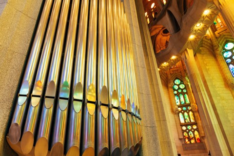 Glossy chrome multicolored organ pipes in Sagrada Familia, Organ register.