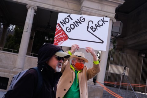 New York, US, March 8, 2022, People participate in a rally organized by RiseUp4AbortionRights held rallies and marches nationwide to oppose the growing erosion of abortion rights on International Wome...