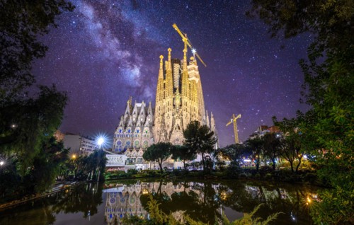 Barcelona, Spain. Cathedral of La Sagrada Familia at night. It is designed by architect Antonio Gaudi
