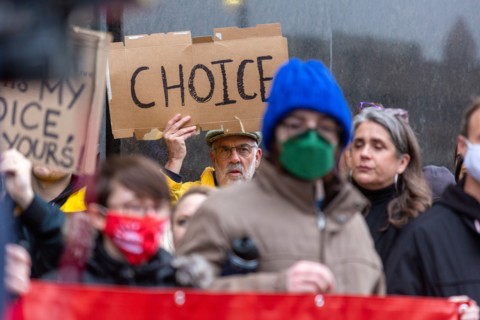 Detroit, Michigan USA - 3 May 2022 - Women's rights activists rallied at the federal courthouse to keep abortion legal. A day earlier, a leaked draft opinion from the Supreme Court suggested that the ...