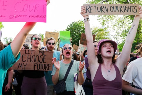 Protestors gather in front of the Supreme Court building in Washington D.C.  in support of abortion rights on Tuesday, May 3, 2022. A draft decision of the Supreme Court leaked on Monday, May 2, 2022 ...
