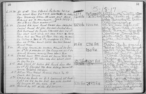 Security Officer's Log of the Watergate Office Building Showing Entry for June 17, 1972, Page 2/2