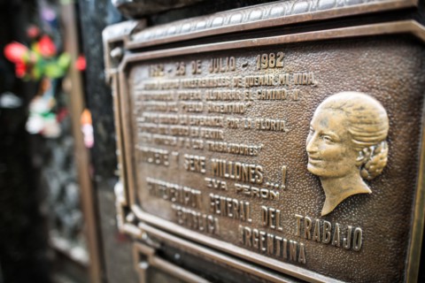 BUENOS AIRES, Argentina - The marker of the gravesite of Eva Peron, a former first lady of Argentina and beloved national figure. La Recoleta Cemetery is a famous cemetery in the Recoleta neighborhood...