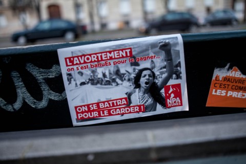 Paris, France. 1st Feb, 2014. Demonstration for the right to abortion in Spain in Paris, on February 1, 2014. The march went until the front of the Spanish ambassy where people had left their hangers....