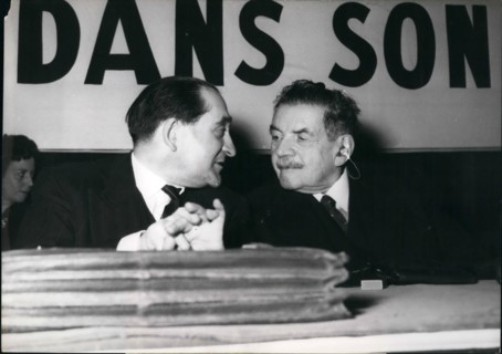 Jan. 01, 1956 - Radicals Hold Meeting: The Execitove Committee of the radical party held a meeting at the Salle Pleyel Paris, today. Mendes - France (Left) in conversation with Edouard Herriot.
