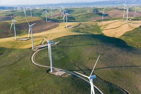Aerial view of wind turbines Huelva Province, Spain