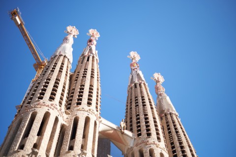 Towers or spires of the Sagrada Família Gaudi church in Barcelona Spain