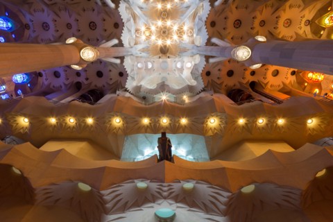 Interior of  art nouveau style cathedral Sagrada Familia in Barcelona, Catalunia, Spain.